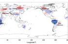 Figure 1. Land water storage contributions from large river basins to global mean sea level rise rate derived from GRACE gravity data. Red (blue) colors represent global mean sea level rise (drop) associated with land water storage decrease (increase). The newly estimated total land water contribution is about 0.32 ± 0.02 mm/year.  Photo Credit: Courtesy of University of Texas at Austin, Center for Space Research.